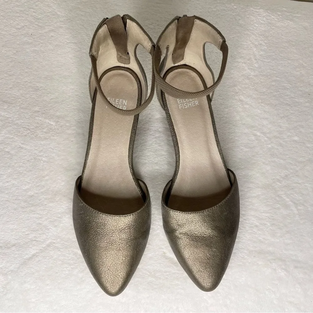 Eileen Fisher Heels Metallic Leather Ankle Strap Zip Back Pumps Gold Size 7.5
